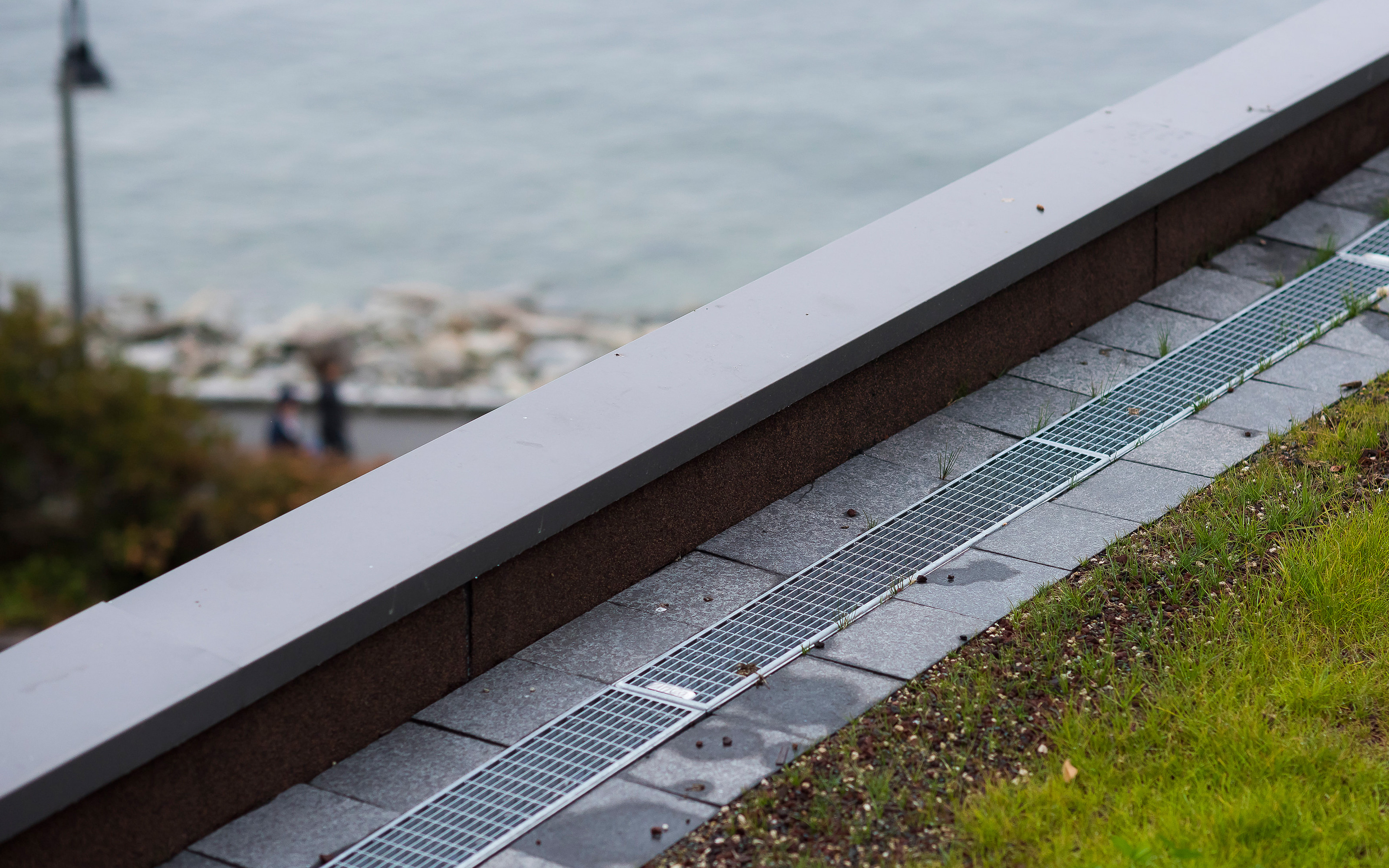 Drainage channels ensure efficient water drain-off. Drainage channels on a green roof